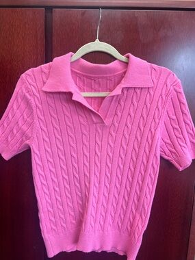 Pink Cable Knit Short Sleeve Polo Sweater
